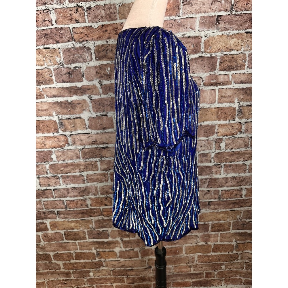 Jewel Queen Vintage Royal Blue Beaded Silk Sequin Evening Top Short Sleeve L - Picture 12 of 15